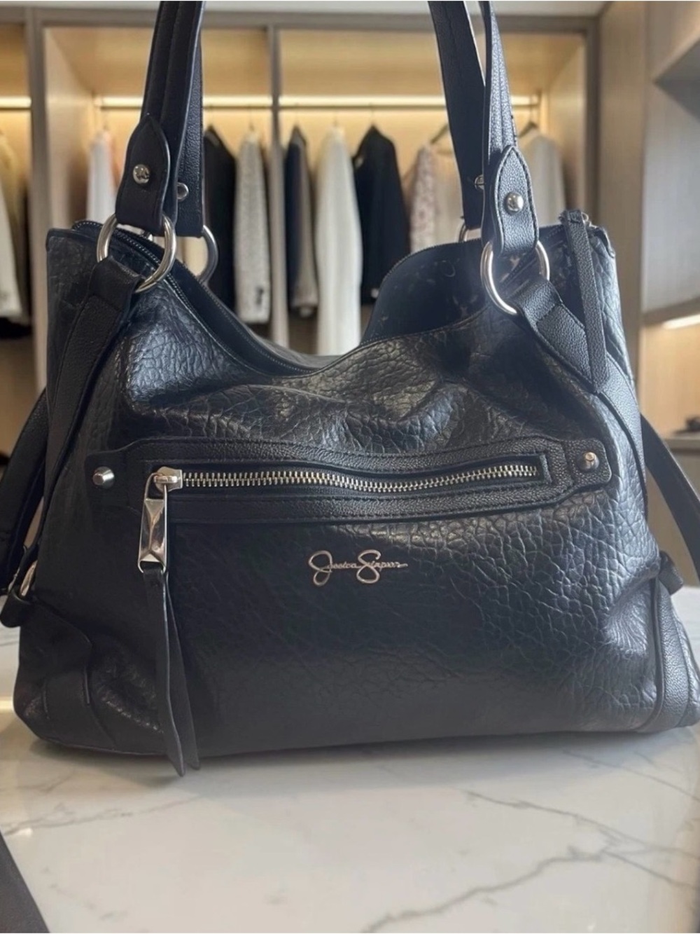 Jessica Simpson Black Pebbled Faux Leather Hobo Shoulder Bag Purse